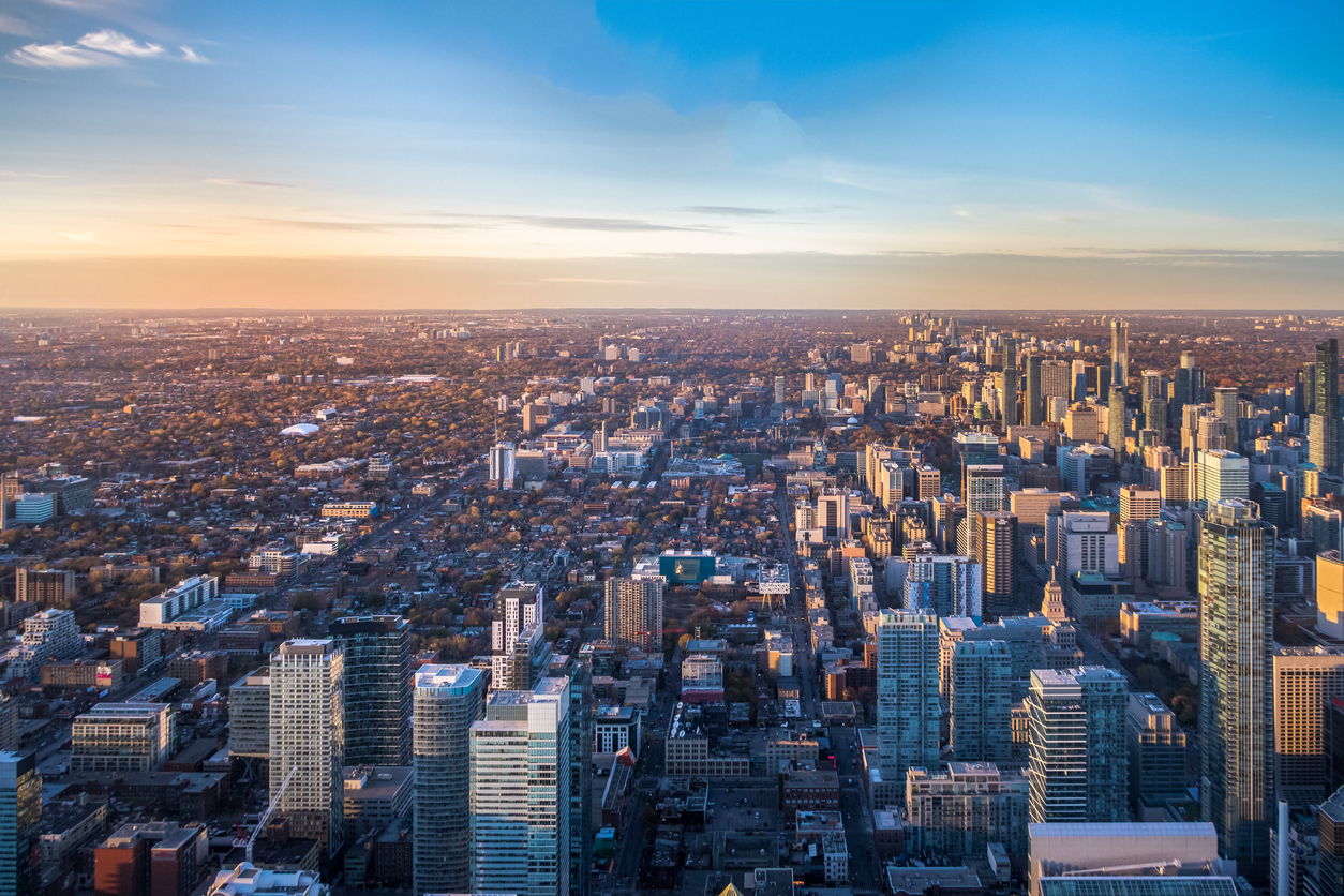 View of Toronto, Ontario, Canada from above while the sun sets.